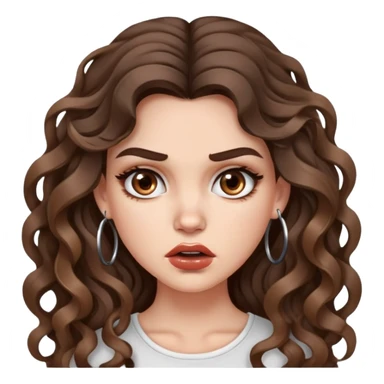 cute girl with not volominous VERY LONG curly/wavy brunette hair with balayage, brown eyes, full lips, natural clean girl makeup and hoop earrings white girl: ANGRY FACE sticker