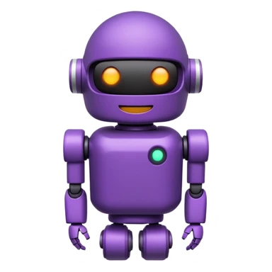 Cute deep purple robot emoji, pill-shaped body, dark visor with glowing white simple eyes and smile. Flat 2D vector art, die-cut sticker with white border, minimalist, white background. sticker