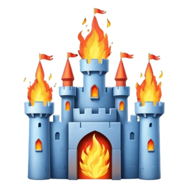castle catching fire, dramatic expression, emoji style sticker