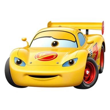 yellow cartoon race car with big eyes, inspired by Lightning McQueen sticker