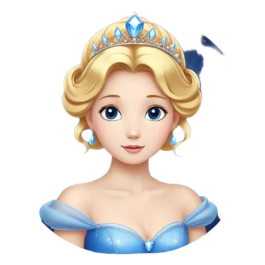 Cinematic Stunning Cinderella Portrait Emoji, Radiant in her sparkling blue ball gown, golden hair in a perfect updo, soft blue eyes full of wonder, glistening tiara, glowing with an ethereal beauty, regal yet kind, a dreamlike aura surrounds her, capturing the essence of a fairy tale princess, elegant and breathtaking! sticker