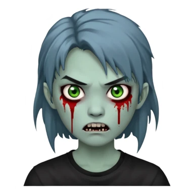 3D emoji-style avatar with very pale blue-grey zombie skin, dark brown hair, a young Asian face, and large green eyes with blood tears. Give it white litle bit messy mullet hair style , silver hoop earrings, and a plain black T-shirt. The face expression should be slightly angry, with vampire fang sticker