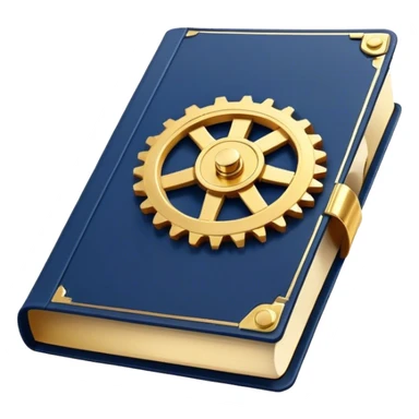 Un libro azul navy con detalles dorados, bordes metálicos y un gear dorado con una tabla ascendente como productividad en la portada, estrategia y éxito en movimiento (book of productivity) sticker
