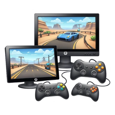 An icon showing two monitors with gaming interfaces, connected by a wire. Each monitor displays a different game screen, with two gamepads placed nearby, symbolizing multiplayer gameplay. transparent background. sticker