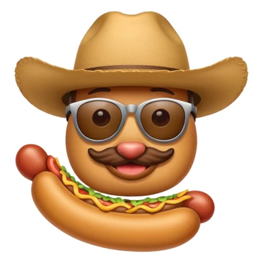 A hotdog with sunglasses and a cowboy hat sticker