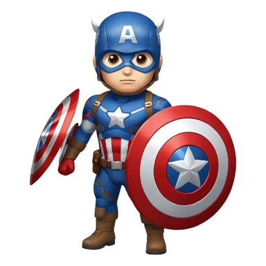 Highly detailed, hyper-realistic emoji of Captain America. He wears his iconic blue suit with a white star on his chest, a red-and-white striped torso, and an ‘A’ helmet. He holds his circular red, white, and blue shield. Minimalist background for focus. sticker