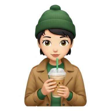 tan skin, non binary person with pixie cut black hair, wearing brown jacket and dark green beanie, shy smile , holding single iced coffee  sticker