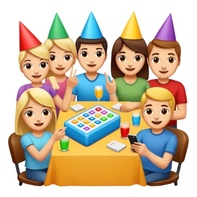 Party quiz with happy people no phone writing blocks empty eyes sticker
