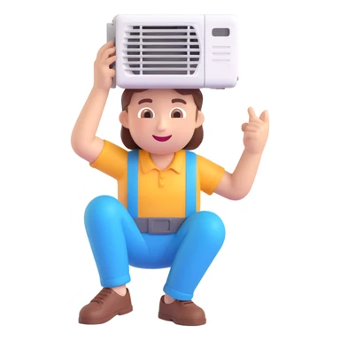 air conditioning technician fixing AC unit, cheerful expression, 3D emoji style sticker