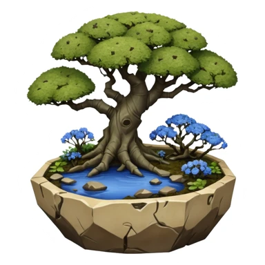 Alien landscape mudman very old broken cracked intricate Stone Age rocky-crusted irregular dodecagon-shaped shallow dark moss rough bark blue willow flowered maple tree bonsai pot sticker