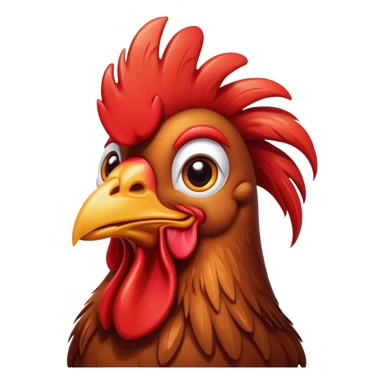 Cinematic Cute Brown Rooster Portrait Emoji, Head tilted playfully and inquisitively, featuring a glossy, immaculate brown plumage with a vibrant red comb, round, sparkling warm eyes filled with curiosity, Simplified yet irresistibly adorable features, highly detailed, glowing with a warm, friendly glow, high shine, affectionate and spirited, stylized with a touch of farmyard whimsy, bright and endearing, soft glowing outline, capturing the essence of a mischievous yet loving rooster, so playful it feels like it could strut out of the screen and into your arms! sticker