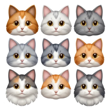 6 realistic looking cats with different natural coloured coats, assorted grey and white, greys, calico, brown and white colours etc
 sticker