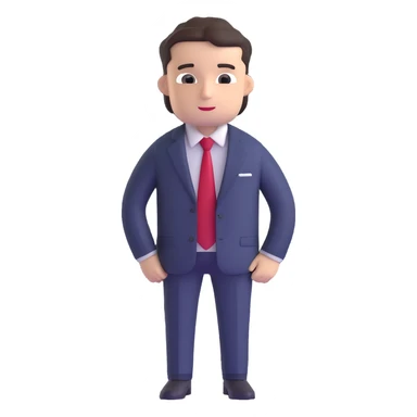 man wearing a dark blue-gray business suit with black horizontal stripes on the arms and legs, white shirt and red tie sticker