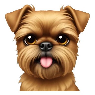 A face shot of an all tan Brussels griffon with black eyes ears sticking up and a tongue out sticker