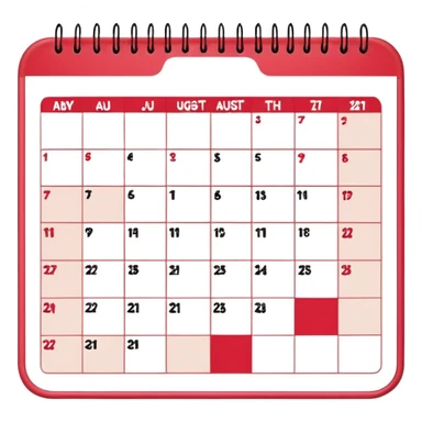 a monthly calendar labeled “August,” with rounded square date boxes, scalloped border frame, playful red doodle lines, and a cozy planner vibe. Minimal kawaii style, flat pastel color palette, slightly imperfect sketch lines, centered object, no background sticker