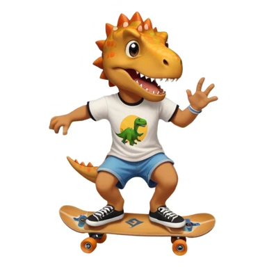Dinosaur skateboarding at the skate park wearing a t-shirt and doing six seven sticker
