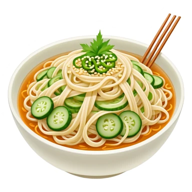 Liangpi Cold Skin Noodles with julienned cucumber and sesame sauce, simplified emoji style with bold outlines and bright colors, cartoon style Shaanxi cold appetizer sticker