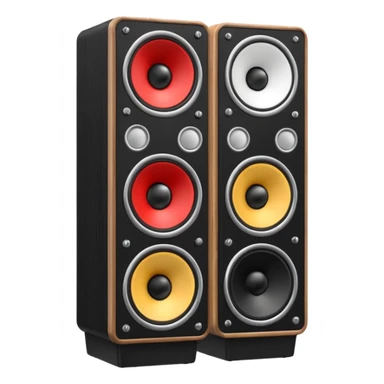 3D render of Speaker Stack, vintage 1980s audio equipment aesthetic, tactile analog buttons, matte black cabinet with a large white cone center, mixed wood grain and brushed aluminum textures, Apple emoji style, isolated on white background --v 6.0 sticker