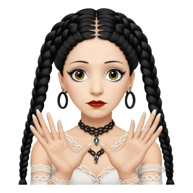 Lene Lovich as seen on the Stateless album cover with a typical symmetrical pose with her hands, lots of lace and braided hair sticker