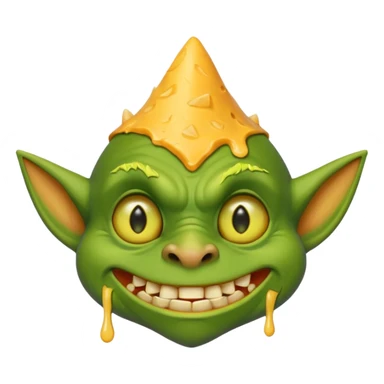 cheddar goblin, green skin, green ears, underbite, cheese dripping, yellow eyes, narrow pointy nose sticker