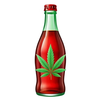 Classic Coca-Cola shaped glass bottle with curved contours, red color, with a cannabis leaf sticker