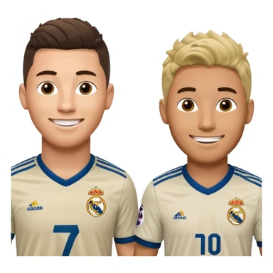 Prime noodle hair ronaldo and prime 2012 messi Smiling in one Photo and make it realistic Ronaldo wearing Number 7 With Madrid and Messi wearing number 10 with barca  sticker