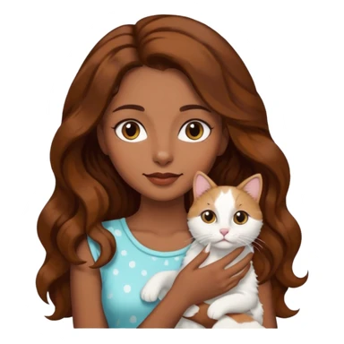 Chica morena con el pelo largo ondulado moreno con un gato en brazos blanco con manchas negras sticker