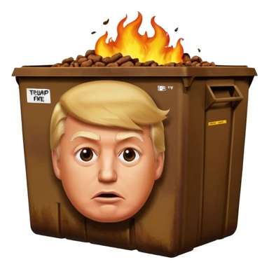 Donald Trump combined with a poop emoji, with a dumpster on fire in the background sticker
