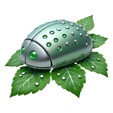 3D render of Nanobot Cloud, futuristic cyborg aesthetic, fusion of organic skin and chrome metal, swarm of tiny silver dots eating a green leaf, isolated on white background --v 6.0. sticker