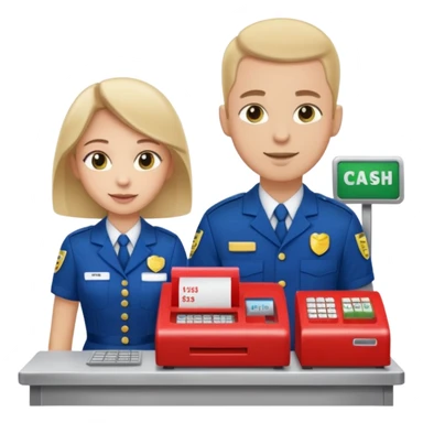 Supermarket employee at a cash register, full body, serving a man sticker