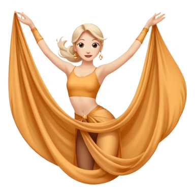 Emoji estilo ilustración de una mujer practicando danza aérea en tela, colgada en telas de seda, expresión feliz, estilo emoji moderno, colores suaves, fondo simple sticker