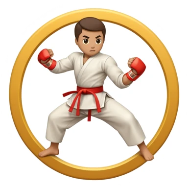 An emblem-style emoji symbolizing striking martial arts. The design features a stylized fighter in a dynamic stance, delivering a powerful punch, surrounded by a circular border with traditional elements like fists and combat symbols. Bold, clean lines with contrasting colors. sticker