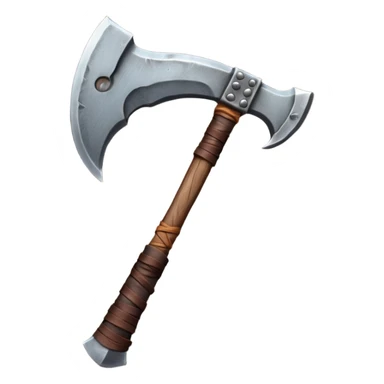barbarian axe object icon, huge double-bladed axe, rough metal, wooden handle, leather wraps, fantasy style, 3D cartoon, mobile game icon style, centered, clean background, soft shadow, no text, no watermark
 sticker