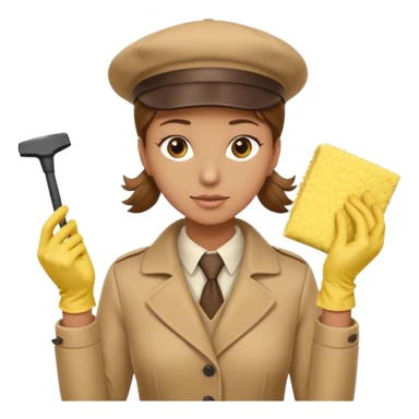 a Detective man with beige hat, a beige coat is interviewing the cleaning Lady with Brown hair, high ponytail and yellow cleaning gloves sticker