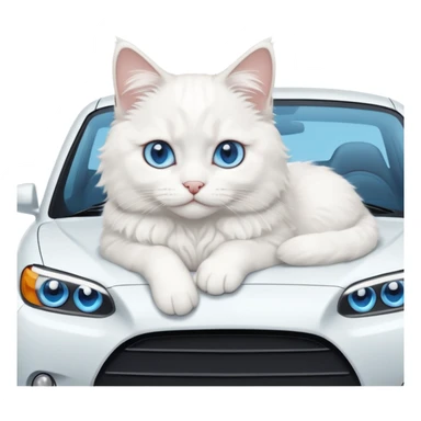 Please create a small emoji the size of 🚗 featuring a pure white cat with blue eyes on a white car side angle. sticker