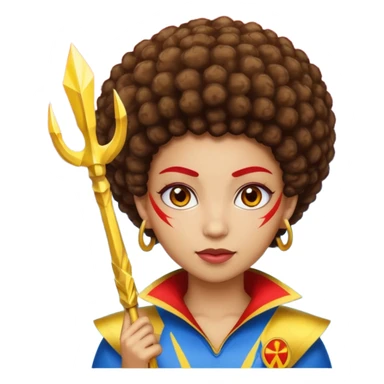 Emoji metisse femboy mais plus masculin avec drapeau ukrainien arriere plan, un afro, sourcils rouge, fourche trident, et eclairs et sur fond bleu clair irrisé. Peau lightskin, yeux marron et cheveux marron bouclés mais en mode afro pixi cut sticker
