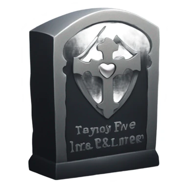 a black tombstone with the inscriptions in silver RIP and a silver heart sticker