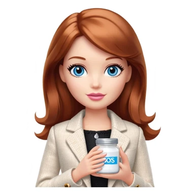 A Barbie girl with blue eyes, shoulder-length reddish-brown hair, made-up, in a white tweed jacket and black skirt, holding a jar of pale beige body cream sticker