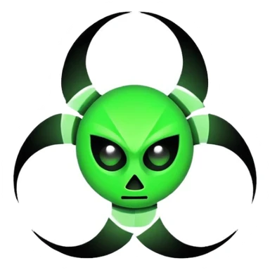 Minimalist emoji-style sticker of a fractured biohazard symbol with a small eye in the center. Stylized, geometric, no text.
 sticker