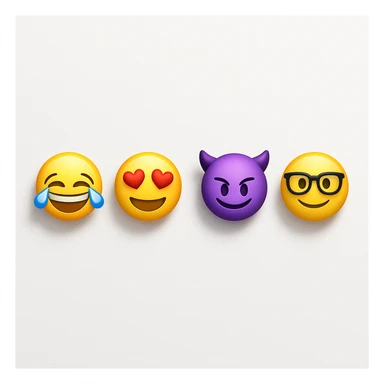 make four emojis on white background with good amount of shadow, four emojis of smiley's only. one laughing, second heart eyes, third purple devil and four black glasses emojis  sticker