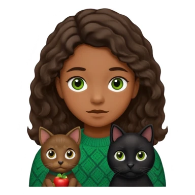 kid with vintage sweater, brown eyes, flat brown hair, with black dog with wavy hair and black eyes, and black cat with straight hair and green eyes in Apple emoji style sticker