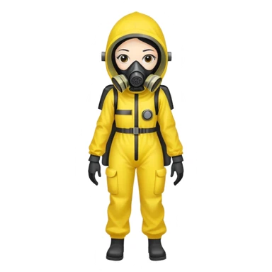 Sticker of a girl with straight black hair, wearing a yellow hazmat suit and a gas mask. Serious atmosphere, cartoon style, radiation danger background. sticker