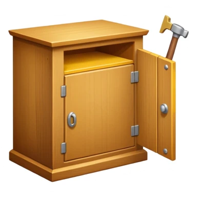 Compact emoji-style icon showing a small wooden cabinet with one door slightly open, a hammer resting beside it, and a plank of wood leaning in the background. Light brown wood tones, silver hammer head, yellow handle. Soft shadows, clean glossy look.  sticker