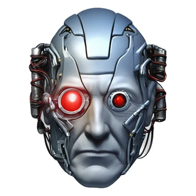 Jean luc picard from Star Trek assimilated by the Borg, with mechanical metal covering the left side of his face, with wires and a red light on the left side. His eyes are blue sticker