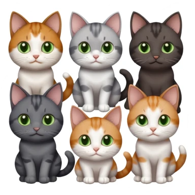 6 different coloured small cats including a dark grey and white, and a patchy calico, and a brown tabby and white,  and a completely solid dark grey with green eyes and only white paws sticker