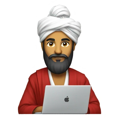 A caliph with turban and red clothes writing in a laptop sticker
