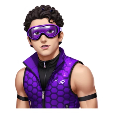 close-up of bad guy male athlete with white skin and moderately curly dark brown hair on top with shaved sides, wearing ski goggles with purple frames and very dark black lenses, a simple plain black chain necklace, and a completely unzipped sleeveless vest with purple and black sequin fire pattern design with no logo, with an extremely arrogant expression sticking his tongue out mockingly, looking menacing and villainous sticker