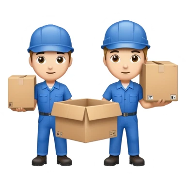 two workers in blue work uniforms and caps carrying a large box, alternate expression sticker