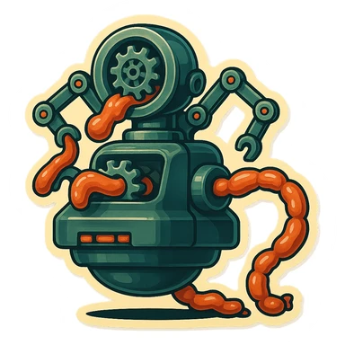 sausage-processing droid. retro-futuristic style. in front is a large industrial grinder rotating gears and blades. Two robotic arms feed material into grinder. Sausage links extrude from the rear like  factory. The body is metallic, compact, and floats above the ground.no legs. Dark humor sticker