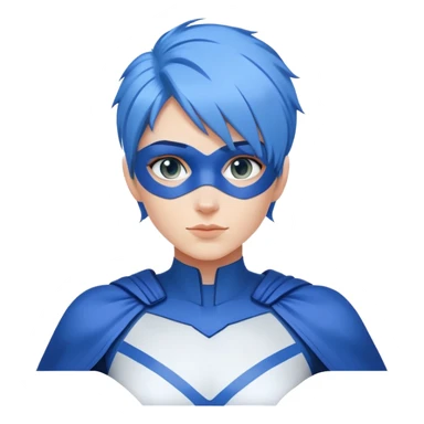 Emoji of a friendly, clean-shaven woman with blue hair, wearing a minimalist blue and white superhero suit with broad shoulders. The suit has a large blank area on the chest for a logo, uses only blue and white colors, and has minimal details. Image is cropped at the chest level. sticker